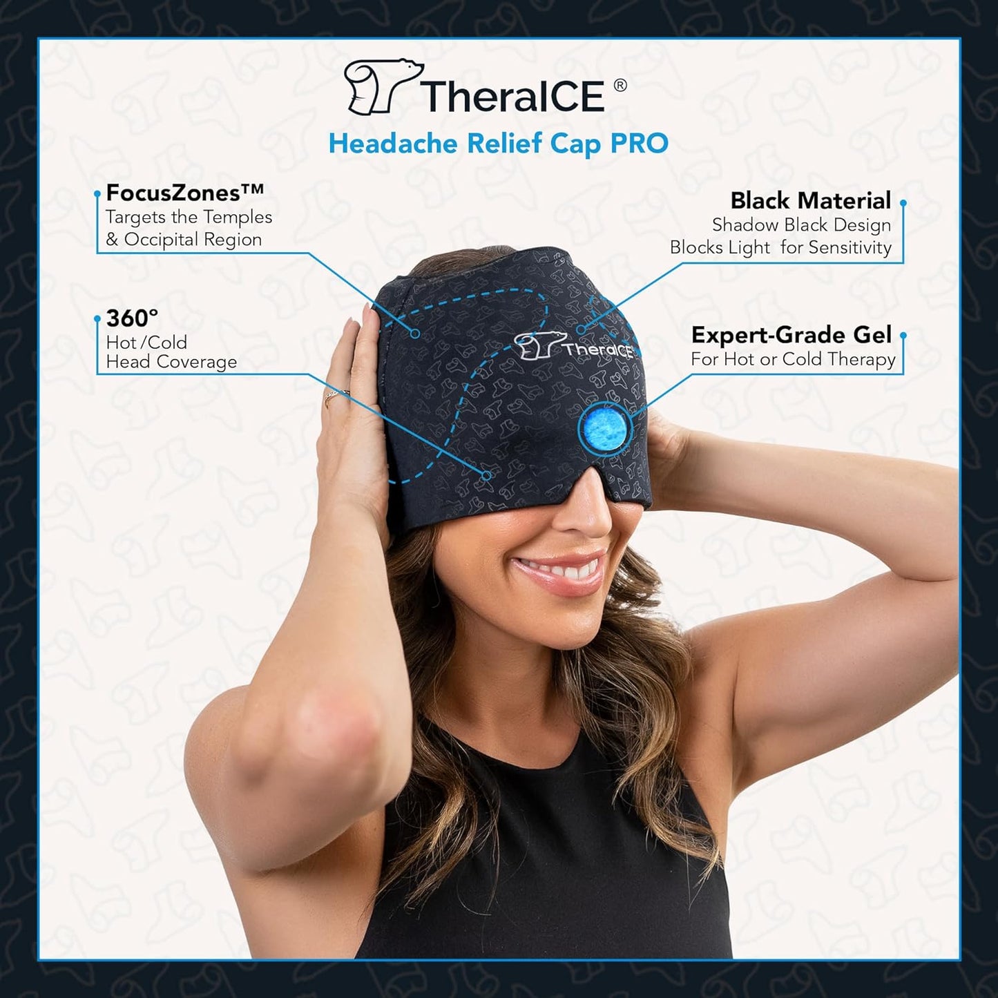 Migraine Relief Cap PRO, Headache Relief Cap, Ice Face Mask, Cold Compress Head Wrap for Tension Headache Relief, Stress & Hangover, Focuszone Technology Provides Extra Cooling & Pressure