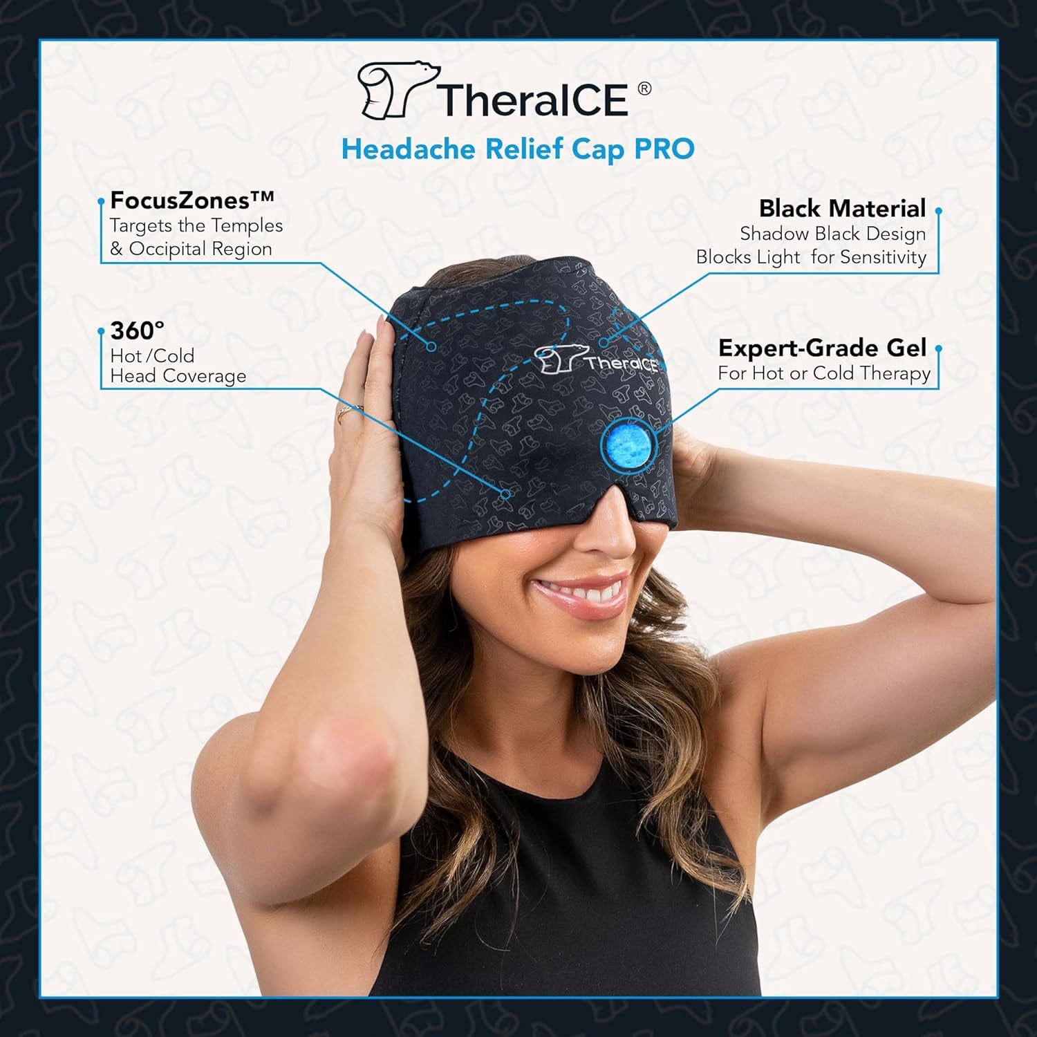 Migraine Relief Cap PRO, Headache Relief Cap, Ice Face Mask, Cold Compress Head Wrap for Tension Headache Relief, Stress & Hangover, Focuszone Technology Provides Extra Cooling & Pressure