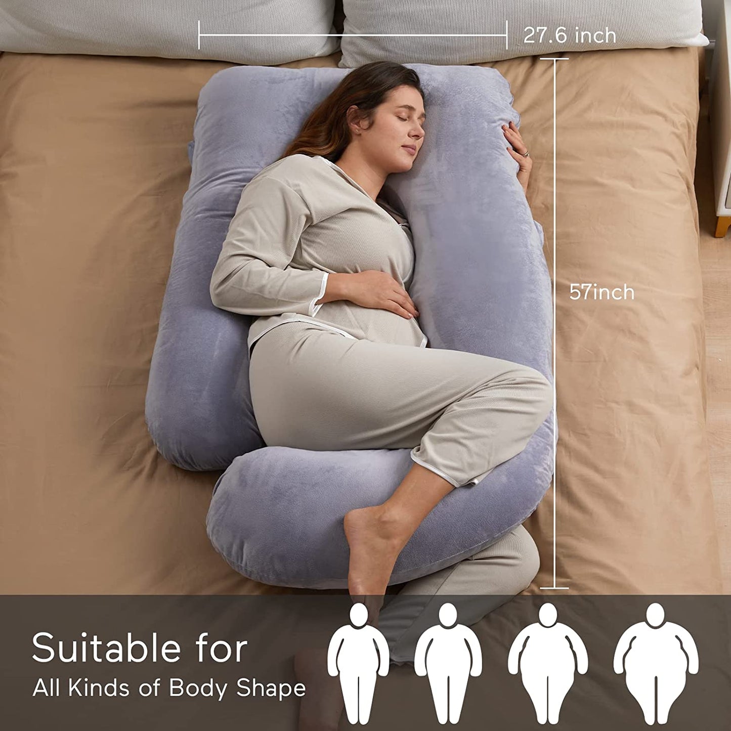 Pregnancy Pillows for Sleeping, U Shaped Full Body Maternity Pillow with Removable Cover - Support for Back, Legs, Belly, Hips for Pregnant Women, 57 Inch Pregnancy Pillow for Women, Grey